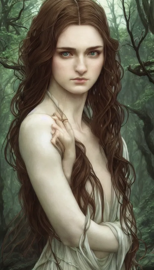 Prompt: fragile sad elvish lady in forest, extremely beautiful, fit, pale, blach hair, warhammer, fame of thrones, lord of the rings, sweaty, intricate, highly detailed, digital painting, artstation, concept art, smooth, sharp focus, illustration, unreal engine 5, 8 k, art by artgerm and greg rutkowski and alphonse mucha