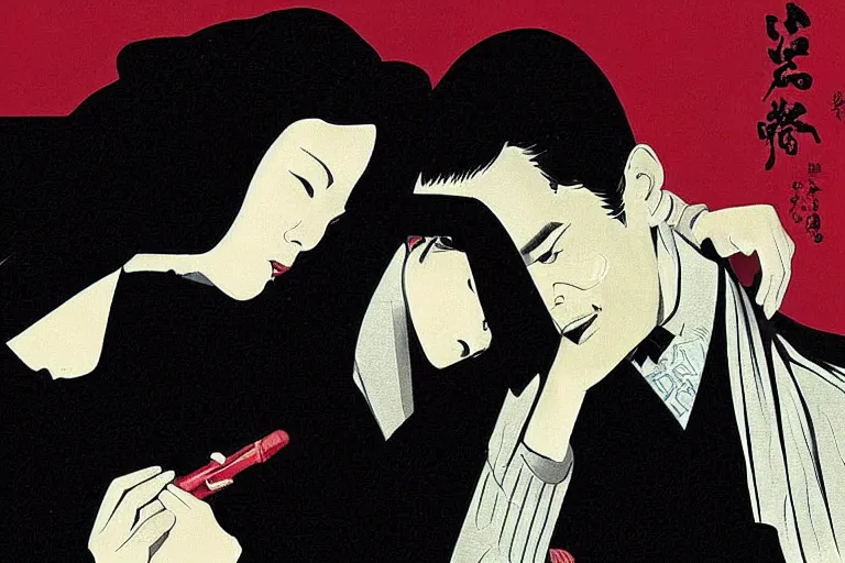 Prompt: a haruki suetsugu illustration of a scene from in the mood for love ( 2 0 0 0 )