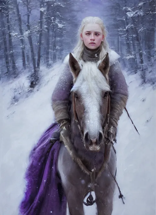 Prompt: portrait of a nordic girl with violet eyes in a snowy tundra, the girl with violet eyes has a horse, set in game of thrones. by Daniel F. Gerhartz, hyperrealistic oil painting, 4k, very detailed faces, studio lightning