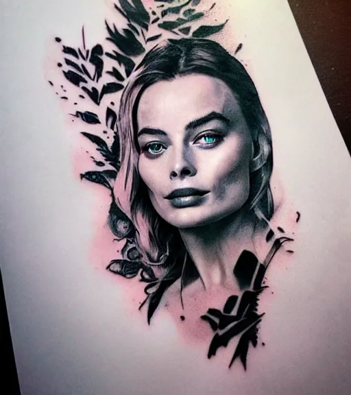 Image similar to tattoo design sketch double exposure of margot robbie with beautiful mountain scenery mash up, in the style of arlo dicristina, surrealist, amazing detail, sharp