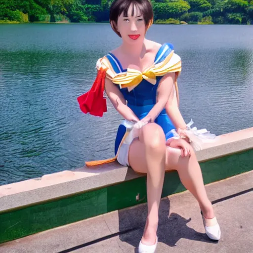 Prompt: Sailor Moon sitting next by the West Lake