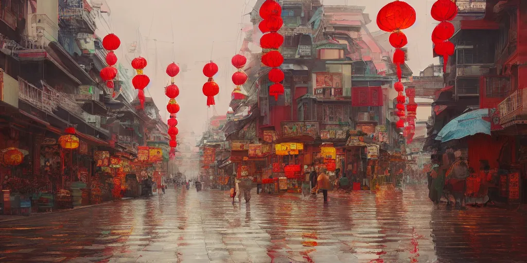 Image similar to a quiet petaling street in chinatown, kuala lumpur, rainy day, matte painting, studio ghibli, artstation