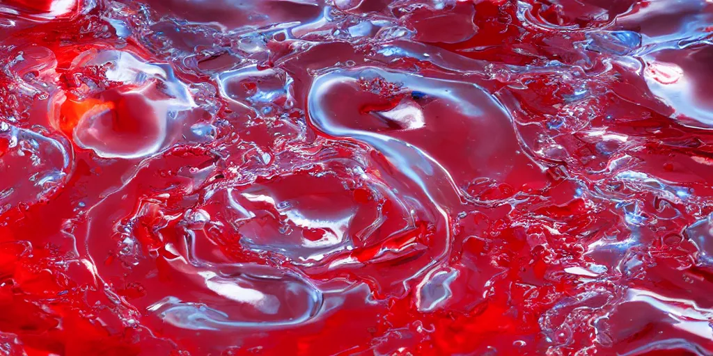 Prompt: scientific studio photograph of a clear water solution attempting to mix with red oil, with bubbles and unmerging layered systems. artstation hq, 8 k
