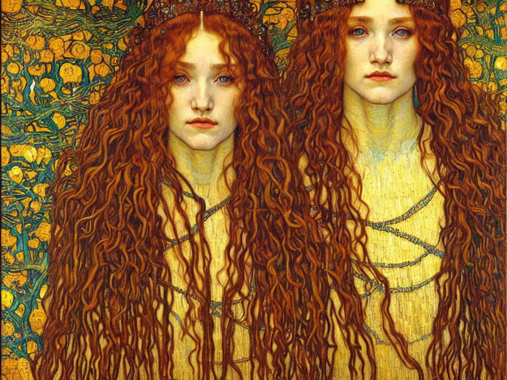 Image similar to detailed realistic beautiful young medieval queen face portrait by jean delville, gustav klimt and vincent van gogh, art nouveau, symbolist, visionary, gothic, pre - raphaelite, muted earthy colors, desaturated