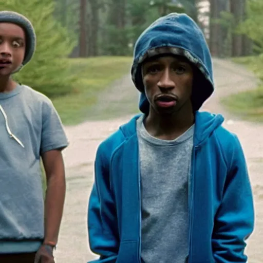 Prompt: movie still of tupac as a new character in next season of stranger things. he is wearing a hoodie and standing with crossed arms as the cast tells him about the upside down