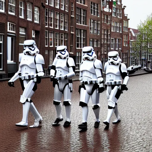 Prompt: stormtroopers walking in amsterdam, digital art