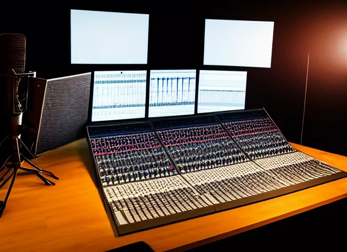 Prompt: studio photo still of an audio mixing board, 8 k, studio lighting, overhead spotlights