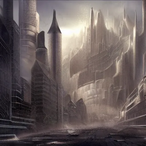 Prompt: fantasy rendering of art deco brutalist city atlantis rising, torrent, maelstrom, chiseled formations, atmospheric, ambient, frost, matte painting