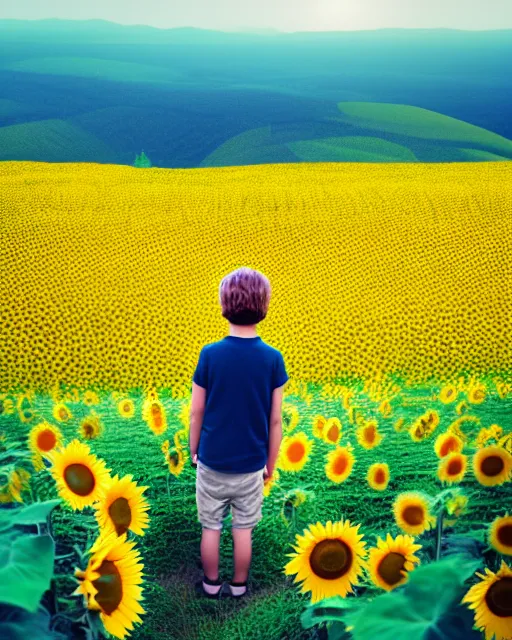 Image similar to boy standing on a hill looking down into the valley of sunflower fields, hills, cliffs, yellow sunflowers by beeple