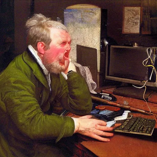 Image similar to an angry man yells at his computer monitor, oil on canvas, 1 8 8 3, highly detailed