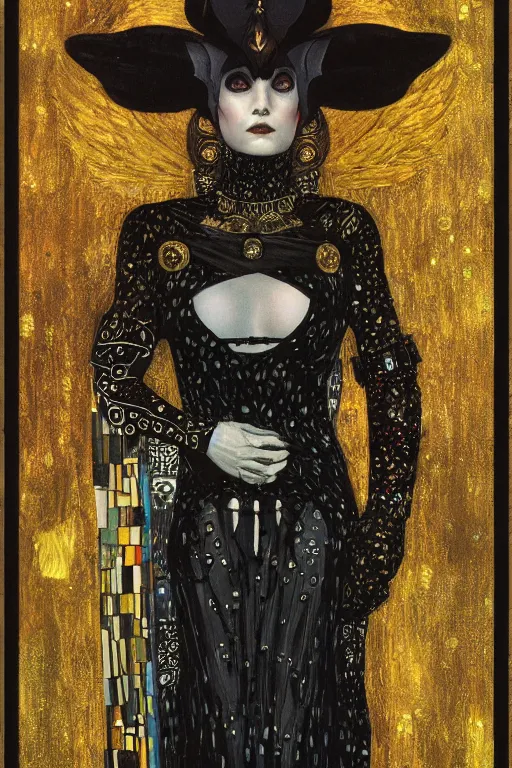 Prompt: high priestess tarot card, major arcana, gothic, high contrast, by gustav klimt and harry clark artstation