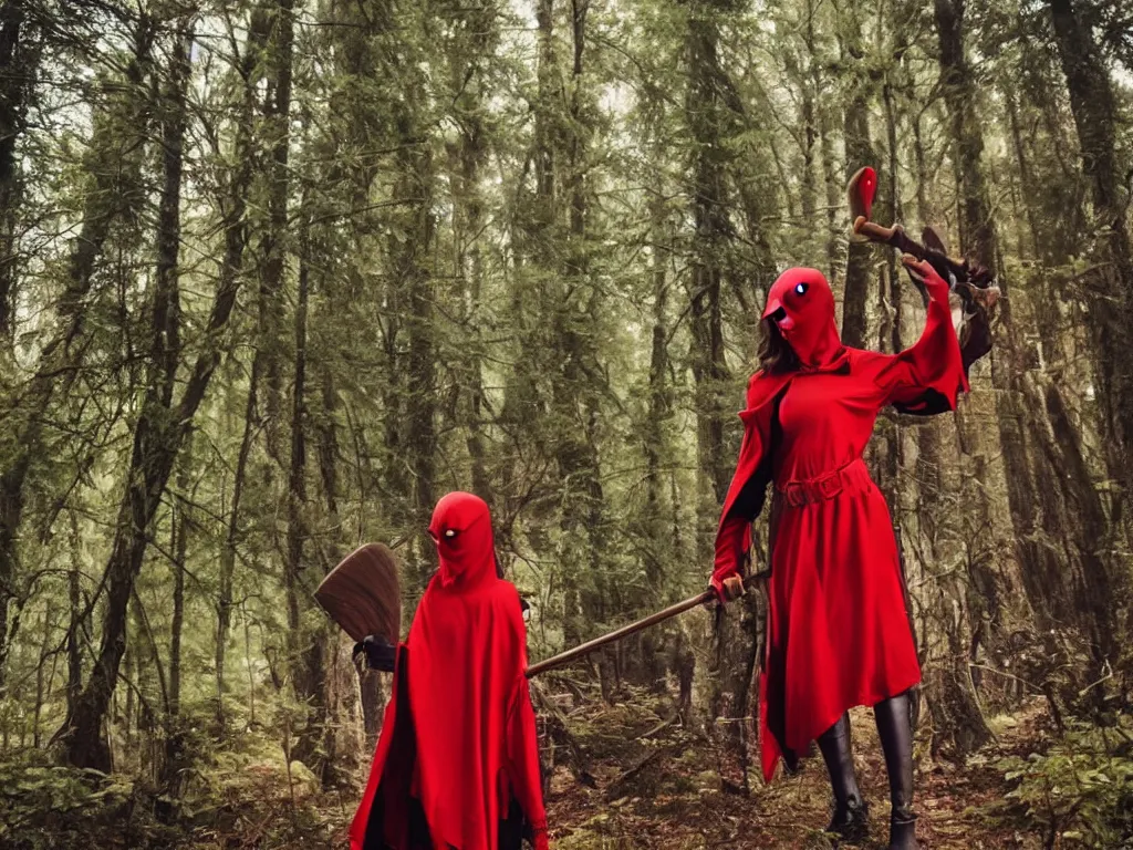 Prompt: a girl in a red hood with a twohanded axe in mysty deep mystical forest