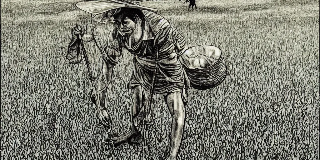 Image similar to sri lankan paddy field farmer, drawn by hayao miyazaki