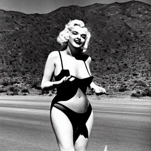 Image similar to marilyn monroe and astronaut walking across highway in arizona