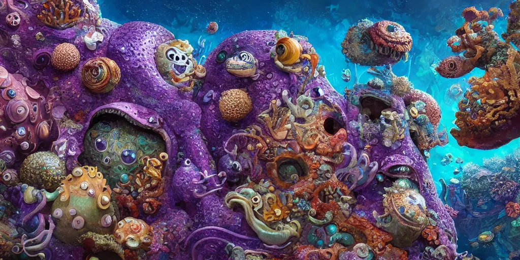 Image similar to of an intricate sea reef with strange cute friendly happy creatures with huge eyes, mouth, long tongue, round teeth and goofy face, appearing from the background, in the style of gehry and gaudi, macro lens, shallow depth of field, ultra detailed, digital painting, trending artstation, concept art, illustration, cinematic lighting, photorealism, epic, octane render