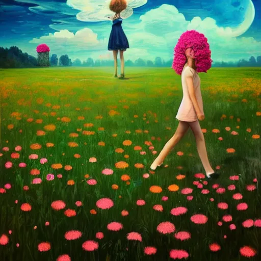 Image similar to giant daisy flower as a head, girl walking in flower field, surreal photography, moon light, dramatic, impressionist painting, colorful clouds, digital painting, artstation, simon stalenhag