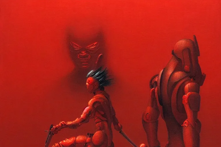 Image similar to only with red, a red cyborg samurai, tokio futuristic in background, some evil yokai, in the style of beksinski, parts by edward hopper, parts by rodcenko, parts by yue minjun, intricate and epic composition, red by caravaggio, insanely quality, highly detailed, masterpiece, red light, artstation, 4 k