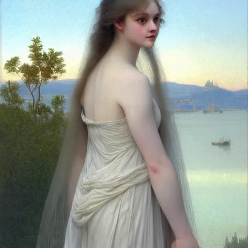 Prompt: Painting of Elle Fanning as Aurora. Art by william adolphe bouguereau. During golden hour. Extremely detailed. Beautiful. 4K. Award winning.