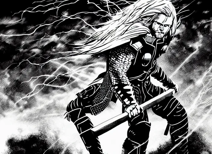 Image similar to thor with blond hair catches lightning and holds an ax in an epic battle with storm clouds with faces monsters by tsutomu nihei, black and white, epic battle background, comic, cinematic