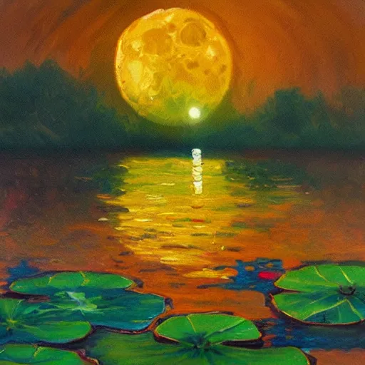 Image similar to A detailed, impressionist oil painting of moon shining over a lotus lake