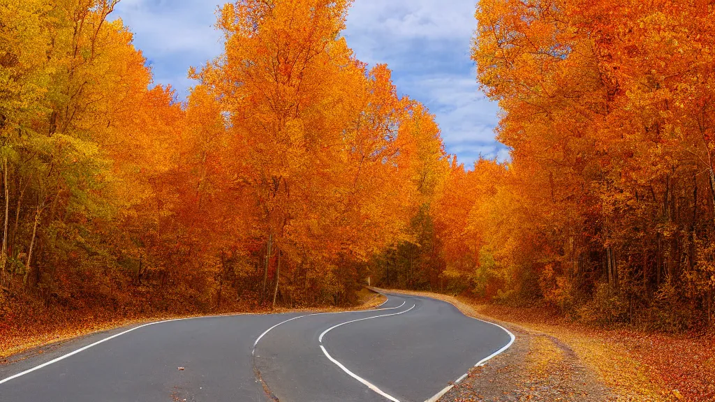 Image similar to a photograph of a country road lined on both sides by maple and poplar trees, in the autumn, red orange and yellow leaves, some leaves have fallen and are under the trees and on the road