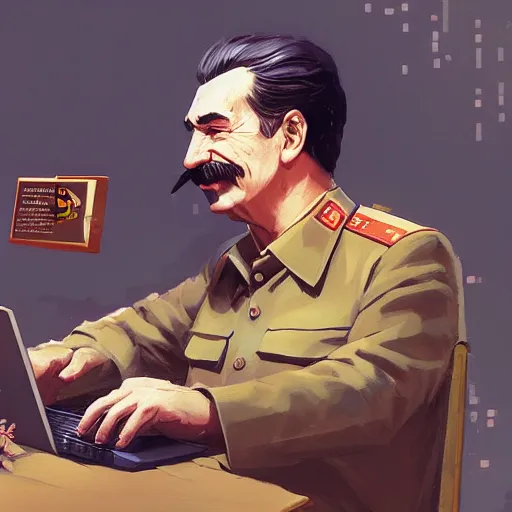 Prompt: portrait of stalin trading bitcoin with macbook by makoto shinkai, greg rutkowski, artstation, high detailed, cgsociety