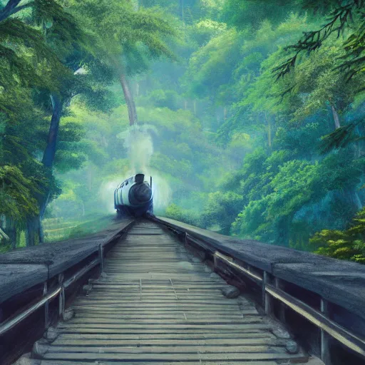 Image similar to distant shot of a steam train going over a old wooden bridge in a forest, anime, by makoto shinkai, forest, highly detailed