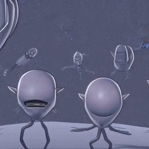 Prompt: Photorealistic gray aliens pointing with their mouths open and a glowing spaceship in the background