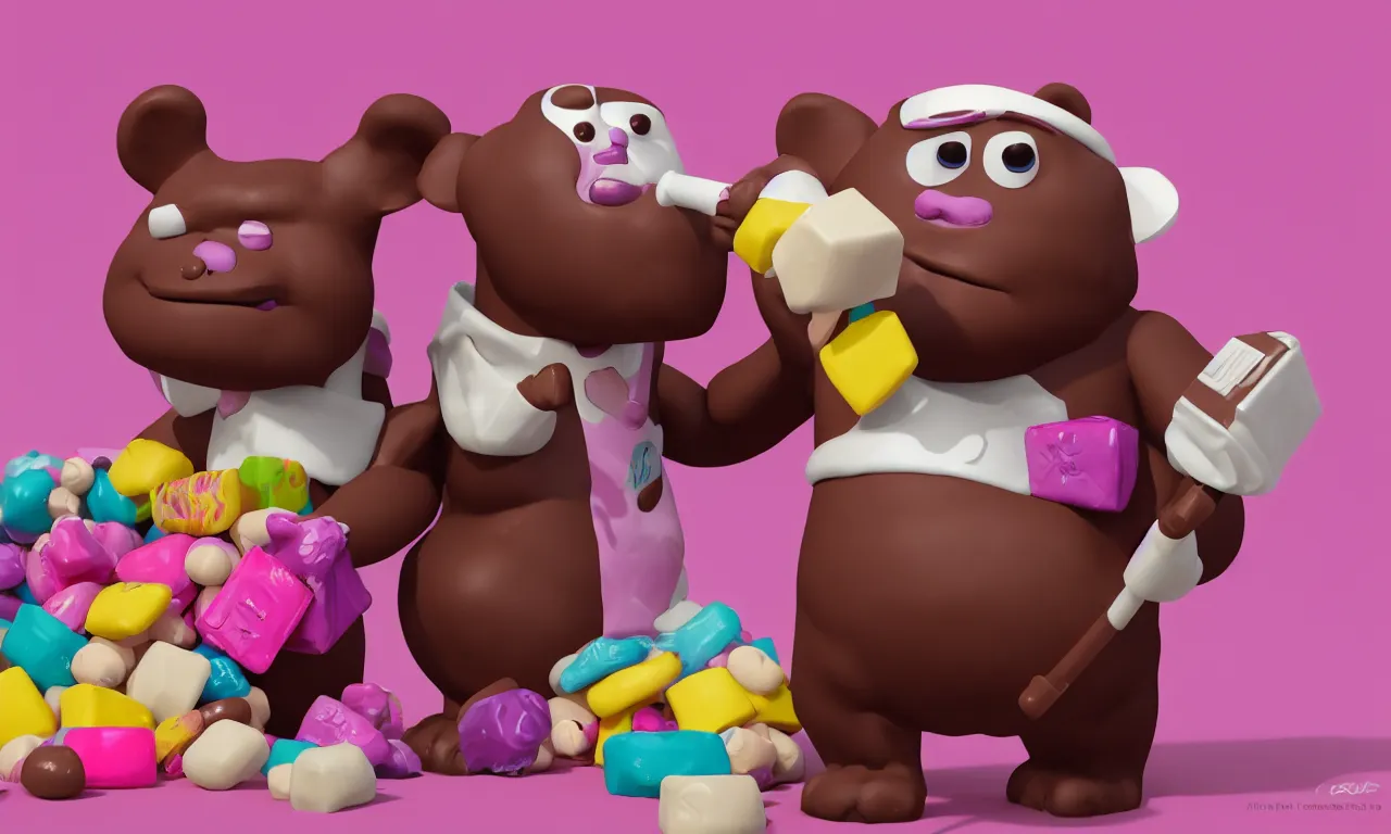 Prompt: A pinkish chocolate bear is holding a white chocolate hammer while being inside a box and surrounded by chocolate candies. From Toy Story (1995), trending on artstation, 4k ultra hd, super detailed, octane render,