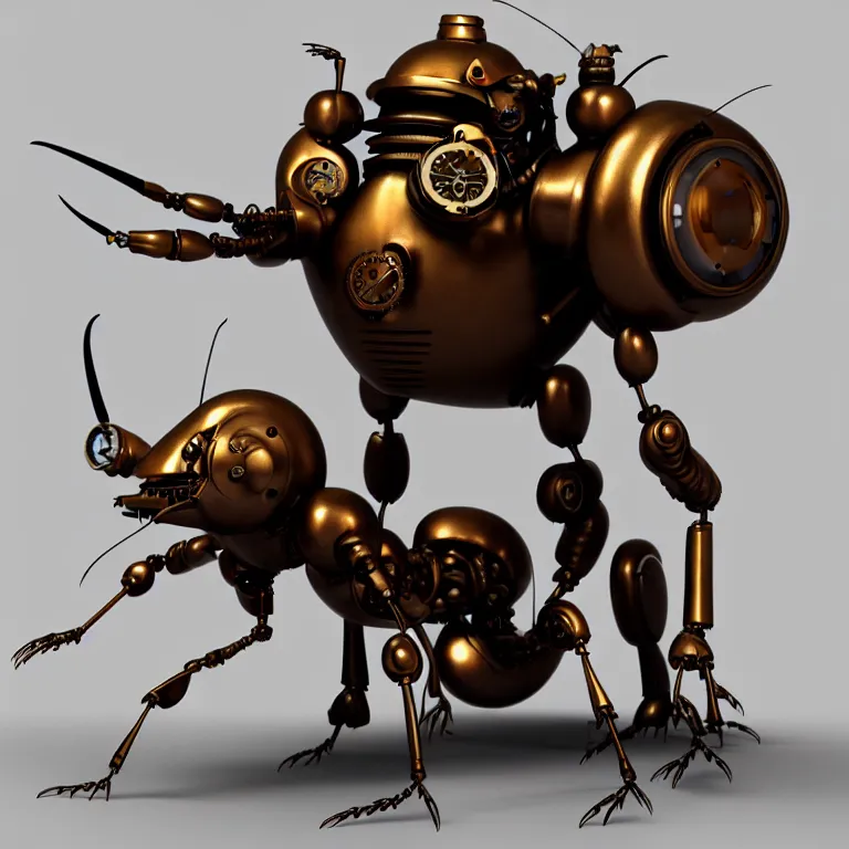 Image similar to steampunk robot ant, 3 d model, unreal engine realistic render, 8 k, micro detail, intricate, elegant, highly detailed, centered, digital painting, artstation, smooth, sharp focus, illustration, boris vallejo