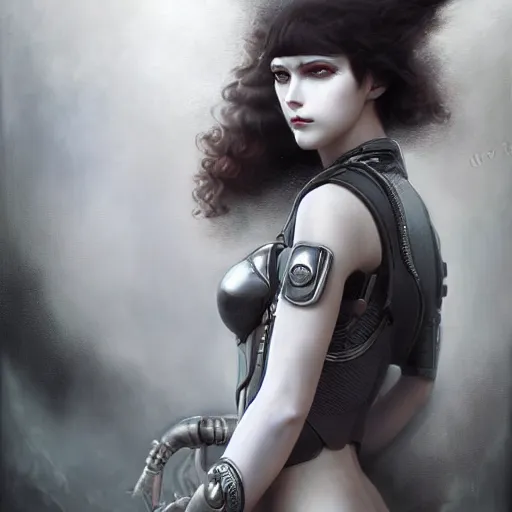 Prompt: By Tom Bagshaw, ultra realist soft painting of an attractive cyberpunk anime female fully body armored with thin lustrous long hair floating, photorealistic eyes render looking at camera, curiosities carnival, symmetry accurate features, very intricate details, focus, dark fantasy background black and white