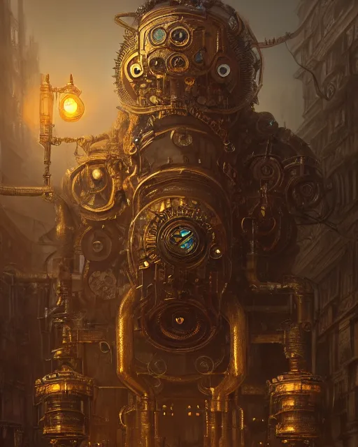 Prompt: oil painting of intricate ornate golden Steampunk Golem, sharp focus, fantasy style, steampunk city background, octane render, volumetric lighting, 8k high definition, by greg rutkowski, highly detailed, trending on art Station, rays of light