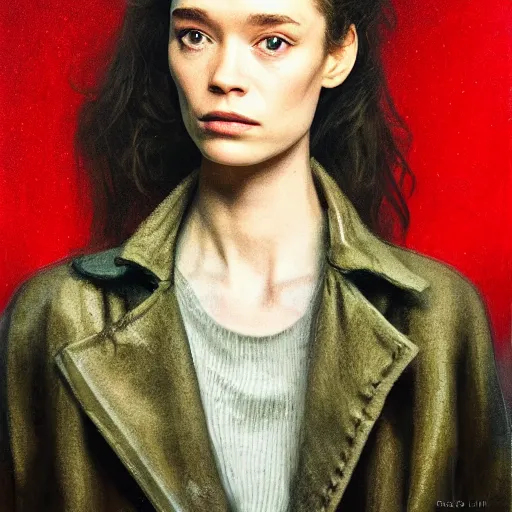 Image similar to Astrid Frisbey in the style of Paola Vetri, head and shoulders portrait, stormy weather, extremely detailed masterpiece, oil on canvas, low-key neon lighting, artstation, Blade Runner 2049, Roger Deakin’s cinematography, by J. C. Leyendecker and Peter Paul Rubens and Edward Hopper and Michael Sowa,