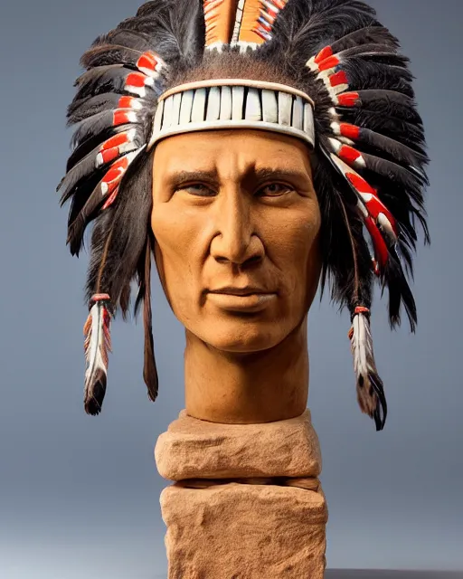 Image similar to bust of a native american man with full head dress, clay sculpture, photograph, photo realistic