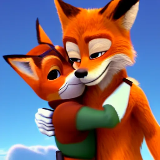 Prompt: an hd photo of nick wilde hugging fox mccloud, furry