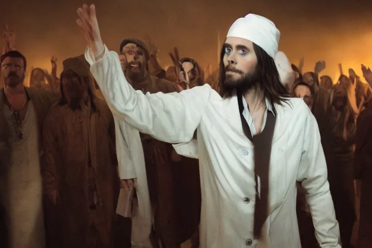 Image similar to Jared Leto as the religious leader Jim Jones in 'Cult' (2006), movie still frame, promotional image, imax 70 mm footage, oscar nominated cinematography, volumetric lighting, 8k resolution