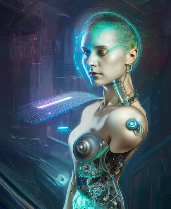 Image similar to a whirlwind of souls rushing inside the metaverse, hologram, half body, neurochip, shaved temple, piercing, jewelry, android, cyborg, cyberpunk face, by loish, d & d, fantasy, intricate, elegant, highly detailed, colorful, digital painting, artstation, concept art, art by artgerm and greg rutkowski and alphonse mucha