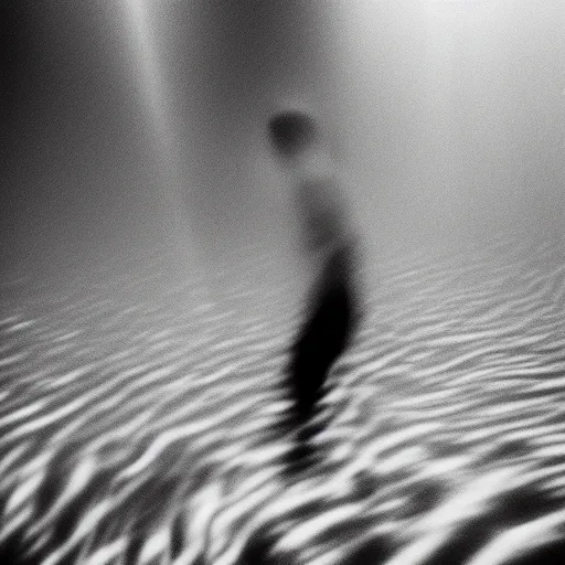 Image similar to an abstract photograph of a lonely male shadowy figure, underwater, motion blur, 35 mm, black-and-white