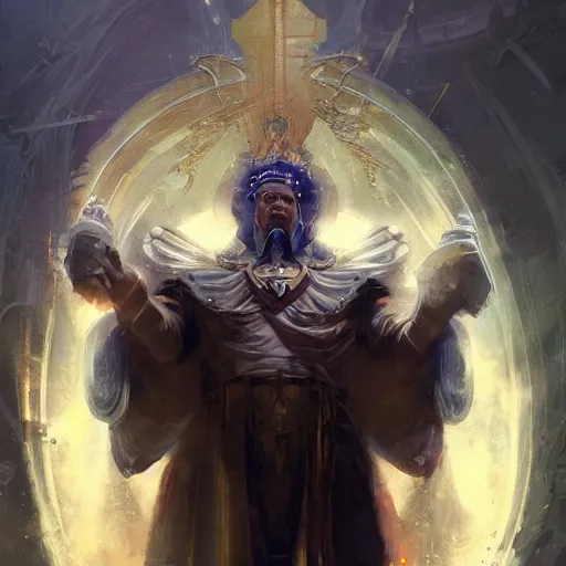 Prompt: god emperor donald trump in the style of craig mullins, greg rutkowski, peter mohrbacher, and drew struzan. epic, majestic, awe inspiring, god rays, fissures, divine, church painting, intricate armor, extreme detail, high octane,