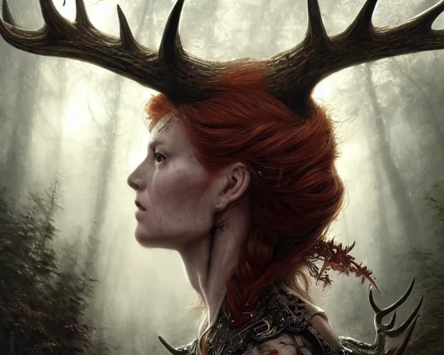 Image similar to 5 5 mm portrait photo of an armored gorgeous aesthetic redhead woman warrior with a face tattoo and antlers growing from her head and cat on her shoulder, in a magical forest in the style of luis royo. art by greg rutkowski. highly detailed 8 k. intricate. lifelike. soft light. nikon d 8 5 0.