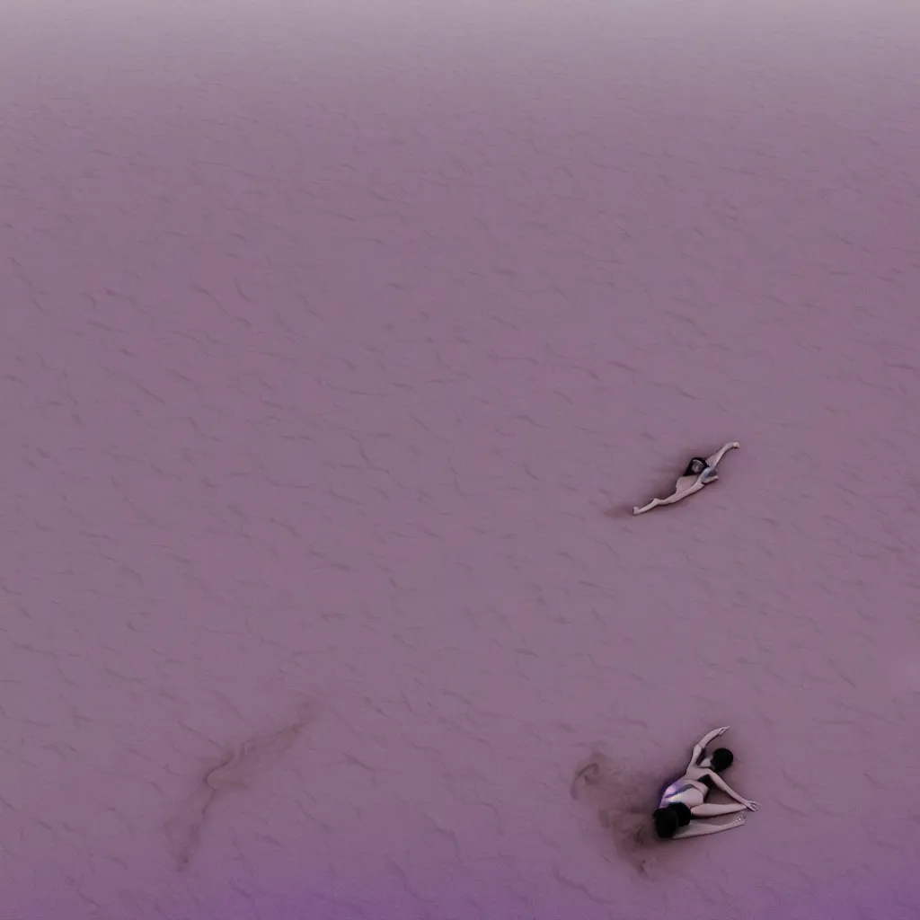 Prompt: aerial view of iridiscent oil spill in desert dunes of sand tempest with women corpses connected by cables and computers to wax forms to a buried baby relaxing on yoga mat, faded, purple gradient, dust, purple fog, depth of field, by werner herzog, hans bellmer and nadav kander, 8 k, sad atmosphere, cinematic