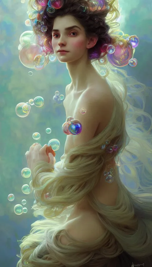 Image similar to portrait of a troll, dreamy and ethereal, (colour) eyes, peaceful expression, ornate frilly dress, fantasy, intricate, elegant, rainbow bubbles, highly detailed, digital painting, artstation, concept art, smooth, sharp focus, illustration, art by artgerm and greg rutkowski and alphonse mucha