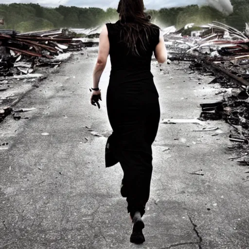 Prompt: Savage photo of a pretty! woman wearing black walking away from an explosion, majestic!!