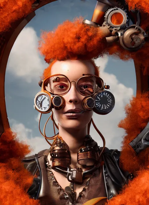 Image similar to steampunk portrait of curly orange hair mad scientist from far cry 6, au naturel, hyper detailed, digital art, trending in artstation, cinematic lighting, studio quality, smooth render, unreal engine 5 rendered, octane rendered, art style by pixar dreamworks warner bros disney riot games and overwatch.