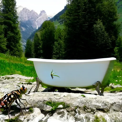 Prompt: dragonfly in a bathtub in the alps, goats in background