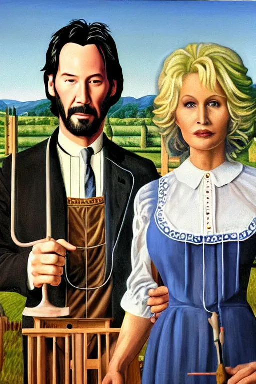 Image similar to painting of Keanu Reeves and Dolly Parton as the couple in American Gothic in the style of Grant Wood