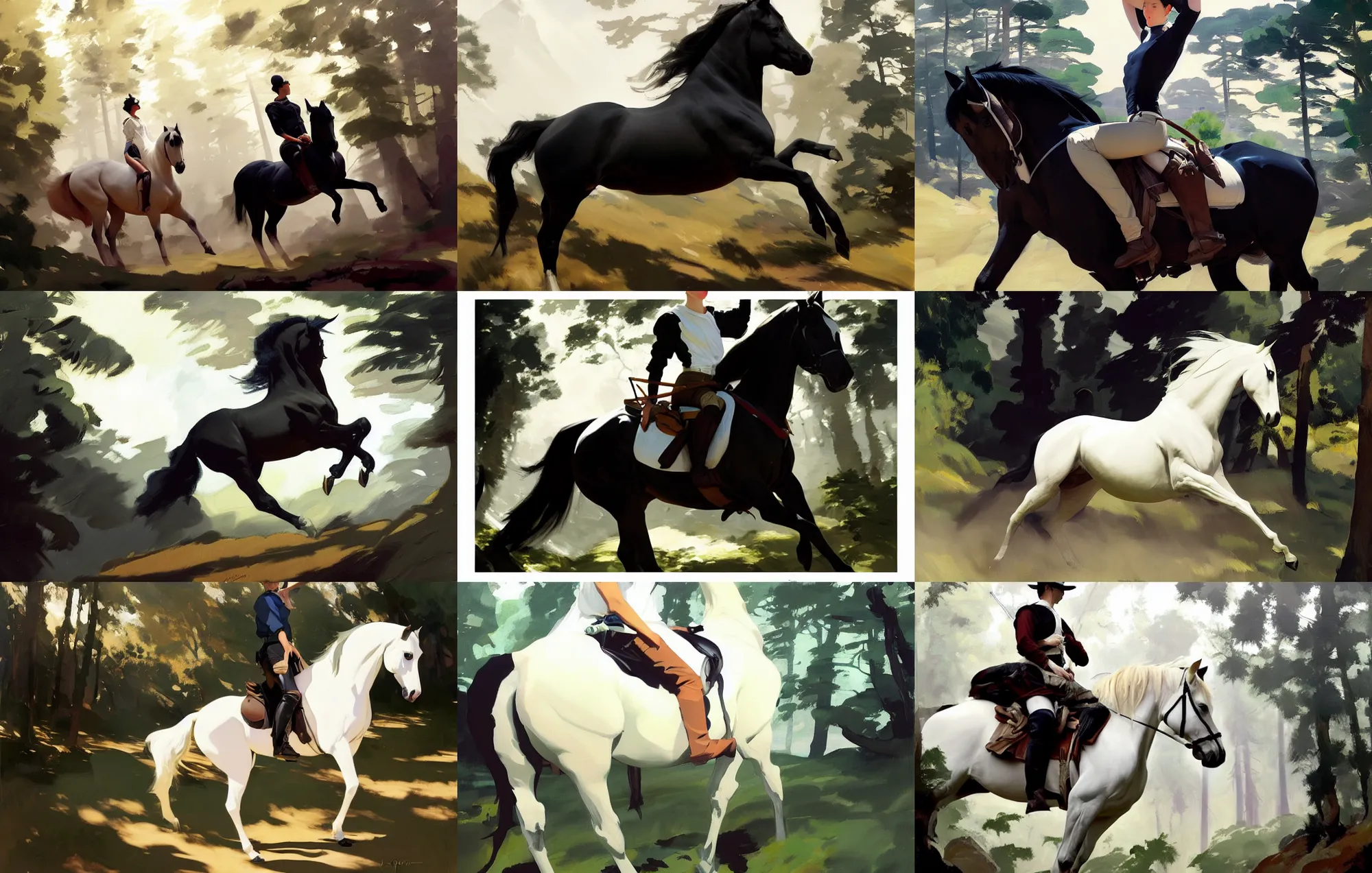 Prompt: cloth fabric riding black white horse stallion jodhpurs camping in forest greg manchess painting by sargent and leyendecker, studio ghibli, fantasy, medium shot, asymmetrical, intricate, elegant, matte painting, illustration, hearthstone, by greg rutkowski, by greg tocchini, by james gilleard, by joe fenton