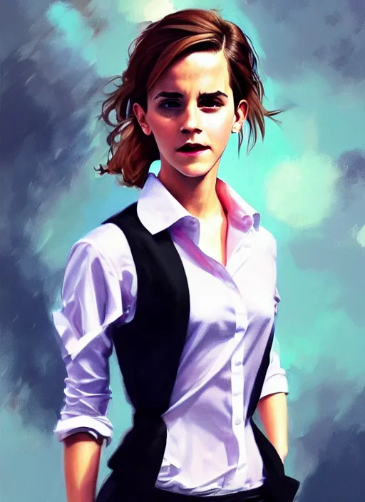 Prompt: a ultradetailed beautiful panting of emma watson wearing a stylish shirt with a tie, she has black hair, dancing, background explosion, by jesper ejsing, ilya kuvshinov, greg rutkowski on artstation