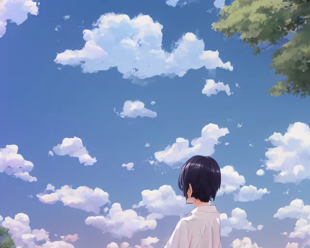 Image similar to teen looking at blue sky, wearing white shirt, back turned, looking up, illustration, by pine ( ハイネ ) and 薯 子 imoko and 香 川 悠 作 and wlop and maya takamura, highly detailed, trending artstation, pixiv, digital art