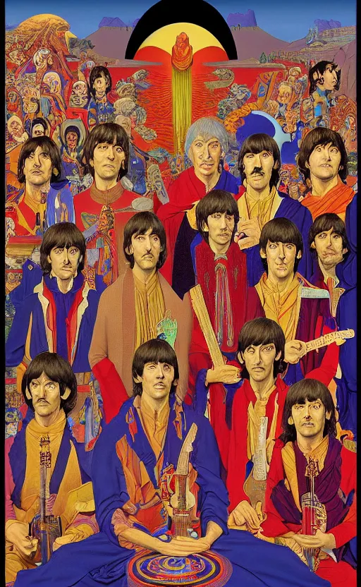 Image similar to a breath - taking jean giraud work of art of the beatles in the style of a renaissance masters portrait, mystical and new age symbolism and tibetan book of the dead imagery, intricately detailed, 4 k